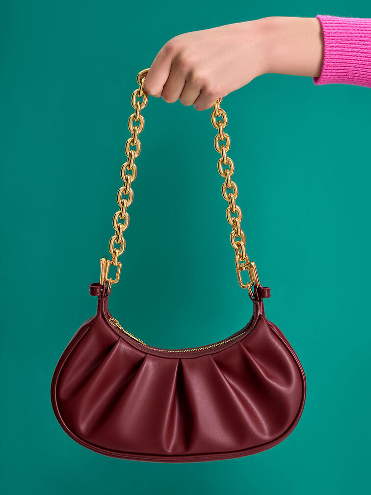 Duo Ruched Shoulder Bag, Burgundy, hi-res