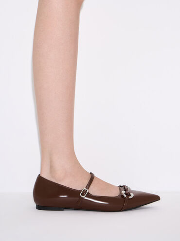 Metallic Accent Pointed-Toe Mary Janes, Dark Brown, hi-res
