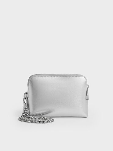 Atwood Metallic Crinkle-Effect Chain-Handle Pouch, Silver, hi-res