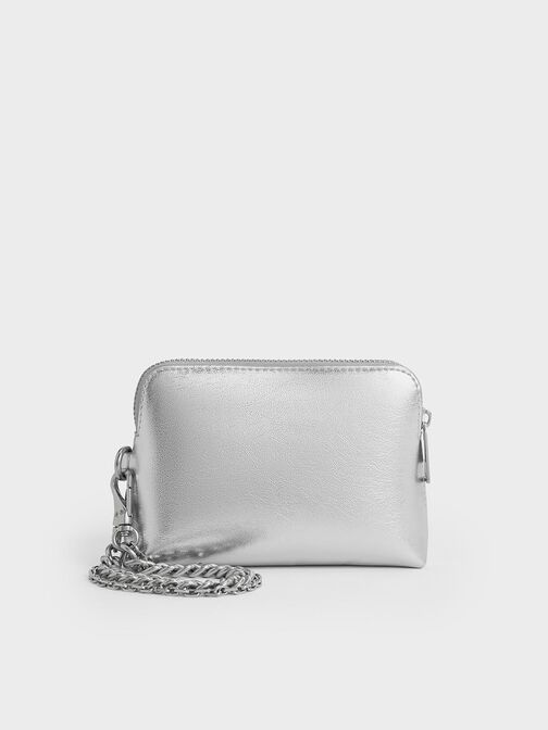 Atwood Metallic Crinkle-Effect Chain-Handle Pouch, Silver, hi-res