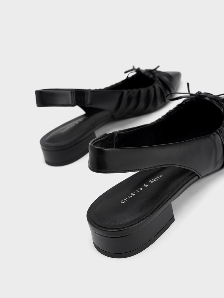 Bow Ruched Slingback Flats, Black, hi-res
