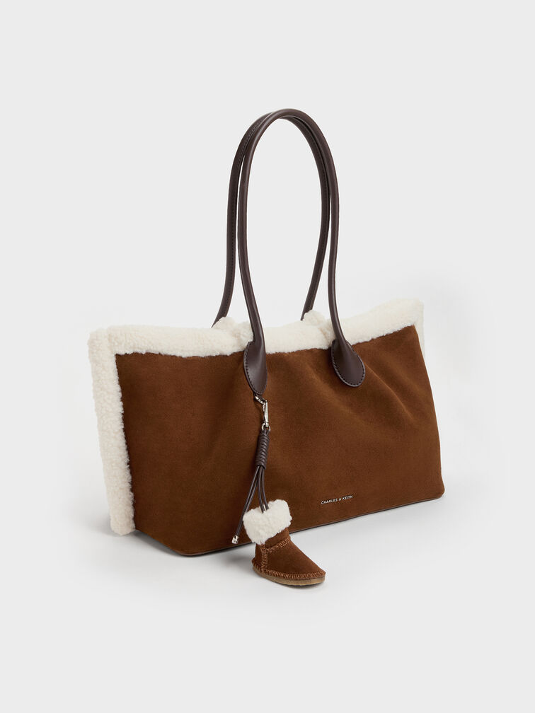 XL Cosima Fur-Trim Tote Bag, Pecan Brown, hi-res
