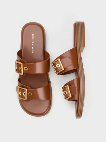 Buckled Double Strap Slide Sandals, Cognac, hi-res