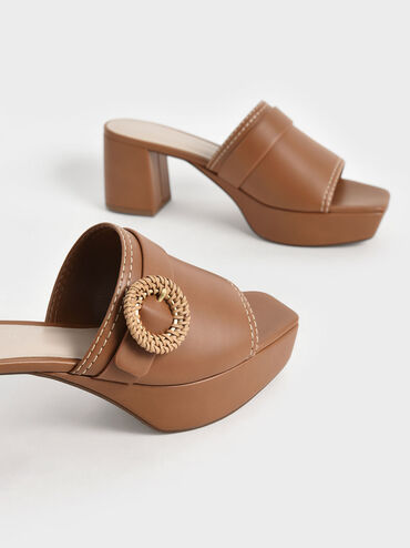 Woven Buckle Platform Mules, Caramel, hi-res