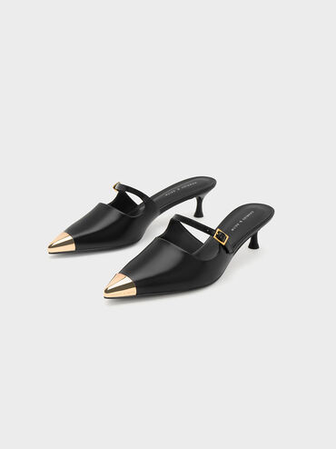 Metallic Cap Heeled Mules, Black, hi-res