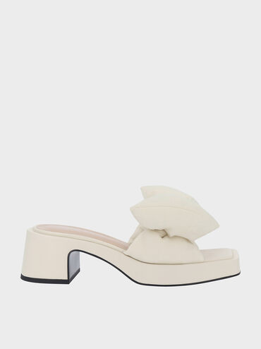 Puffy Bow Heeled Mules, Cream, hi-res