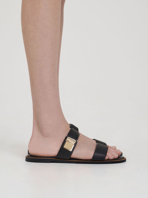 Dove Metallic Buckle Slide Sandals, Black, hi-res