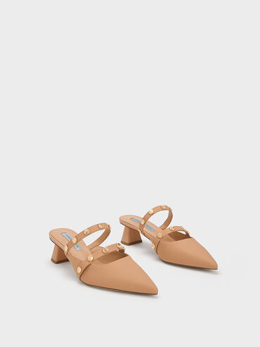 Studded Trapeze Heel Mules, Camel, hi-res