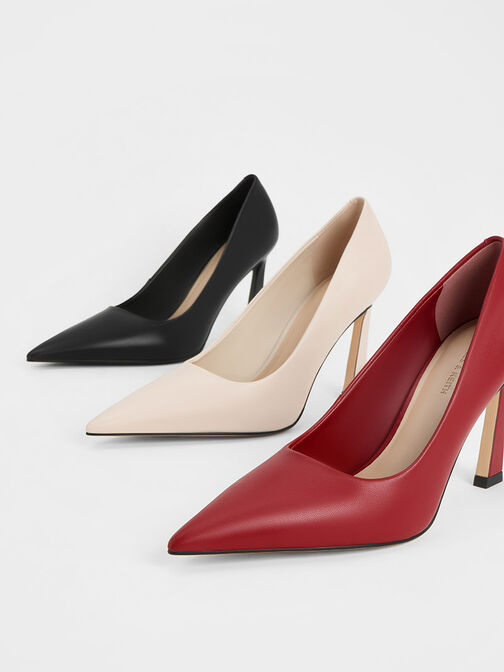 Pointed-Toe Trapeze-Heel Pumps, Red, hi-res