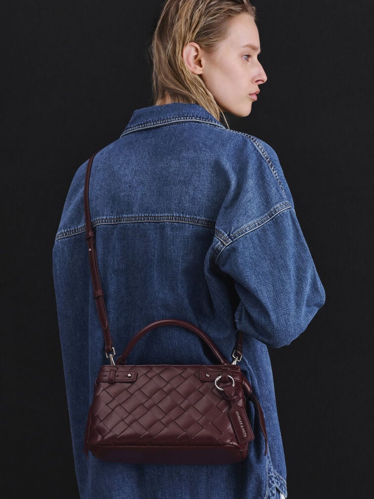Ivette Woven Top Handle Bag, Wineberry Red, hi-res