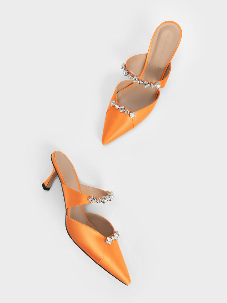 Gem-Embellished Mules, Orange, hi-res