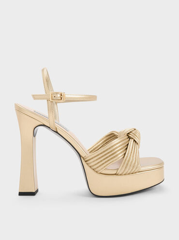 Pleated Knotted Platform Sandals, Gold, hi-res