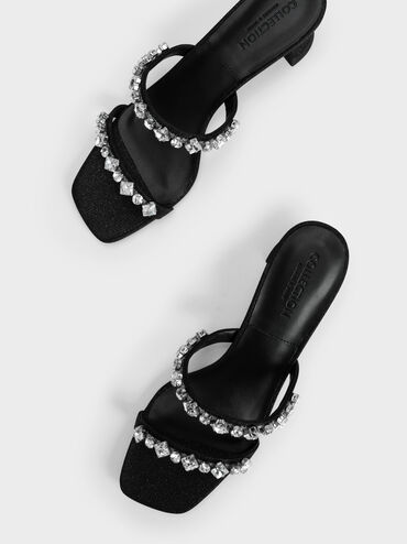 Glittered Gem-Encrusted Sculptural Heel Mules, Black, hi-res