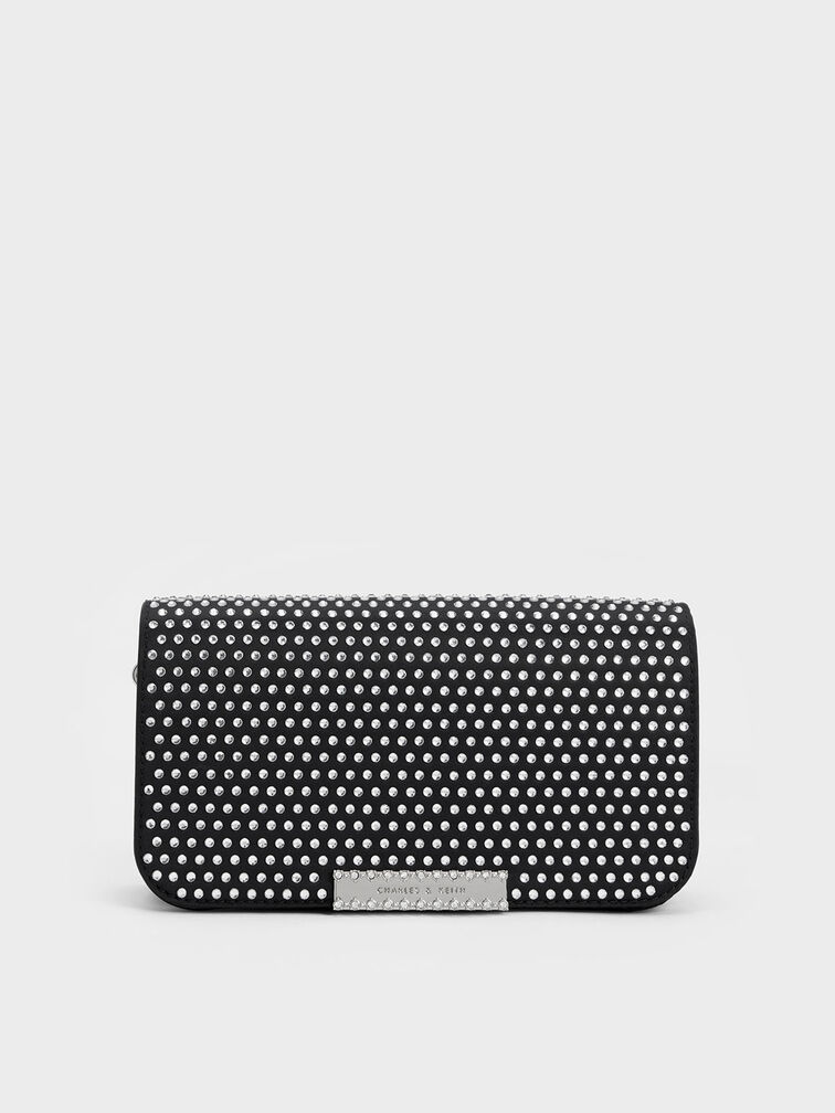 Crystal-Embellished Chain Strap Bag, Black, hi-res