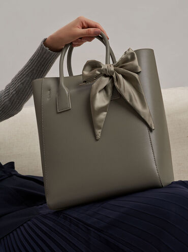 Bow Tote Bag, Taupe, hi-res