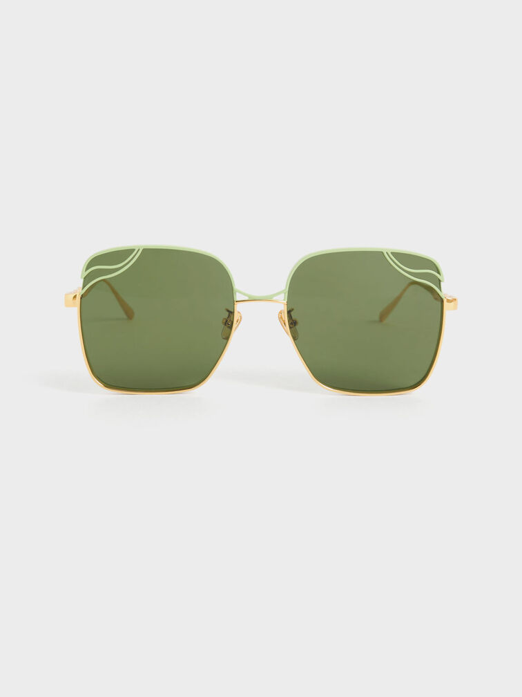 Wavy Wire-Frame Square Sunglasses, Green, hi-res