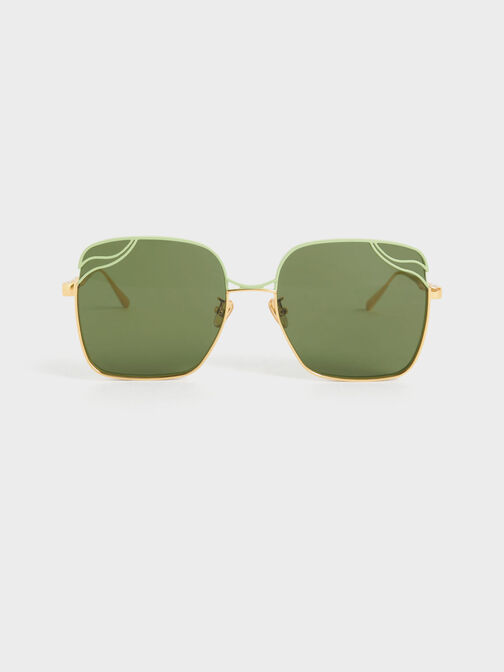 Wavy Wire-Frame Square Sunglasses, Green, hi-res