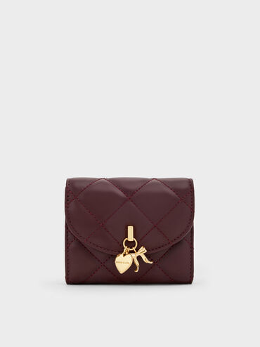 Arrietty Quilted Bow-Heart Charm Curved-Flap Wallet, Wineberry Red, hi-res