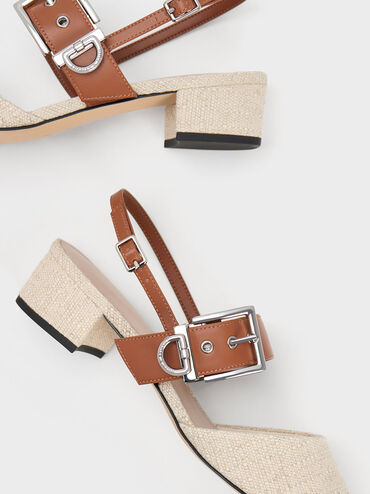 Buckled Strap Linen Slingback Pumps, Beige, hi-res