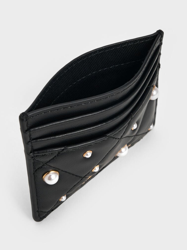 Janie Pearl-Embellished Quilted Card Holder, Black, hi-res