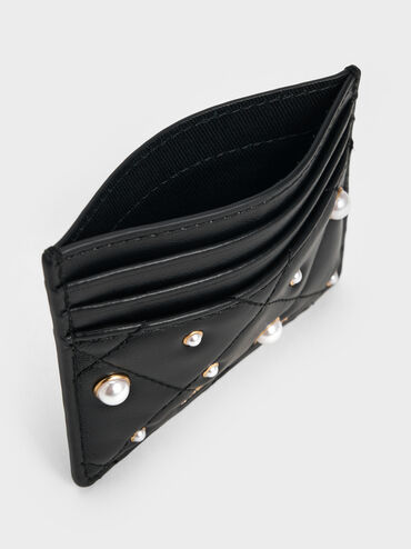 Janie Pearl-Embellished Quilted Card Holder, Black, hi-res