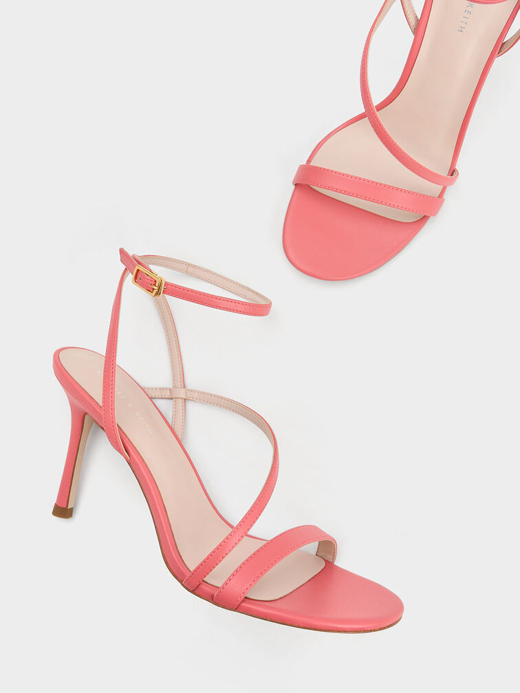 Asymmetric Strappy Heeled Sandals, Coral Pink, hi-res
