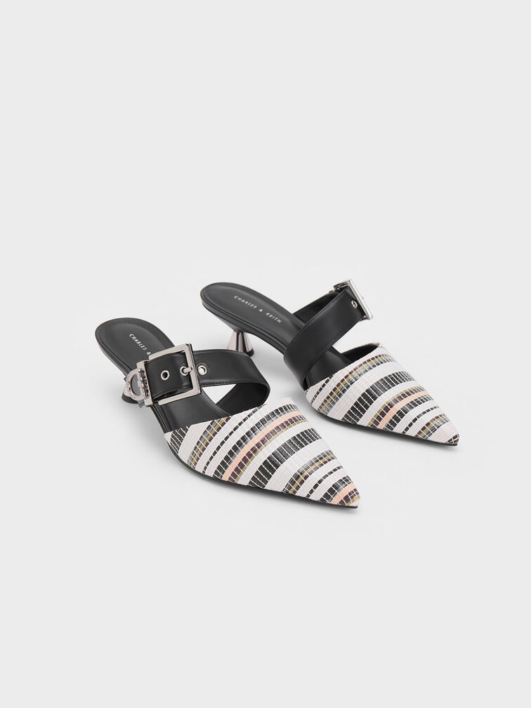 Asymmetric Buckle Striped Heeled Mules, Multi, hi-res