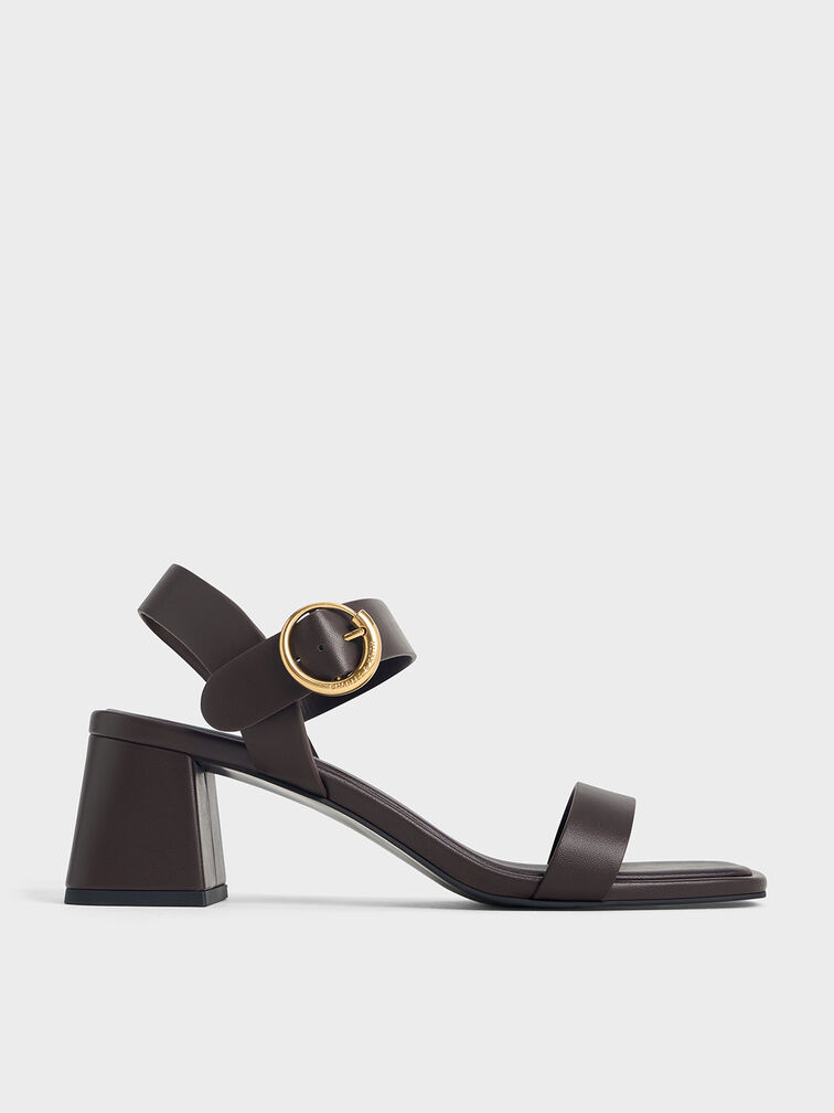 Buckled Square-Toe Trapeze-Heel Sandals, Dark Brown, hi-res