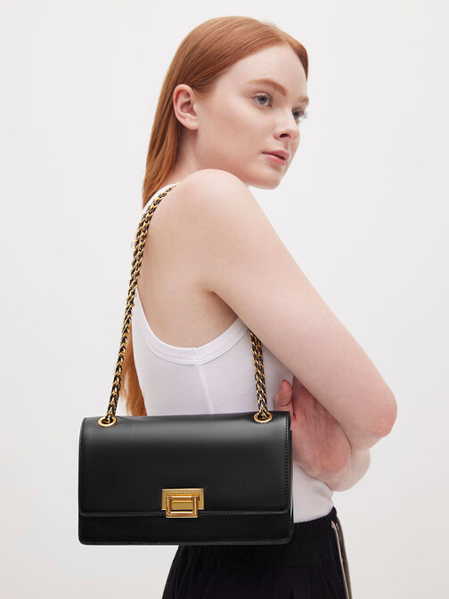 Chain Handle Shoulder Bag, Black, hi-res