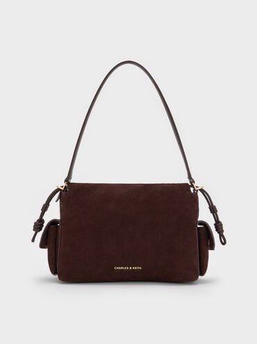 Khai Recycled Suede Ruched-Flap Side-Pocket Top Handle Bag, Espresso Brown, hi-res