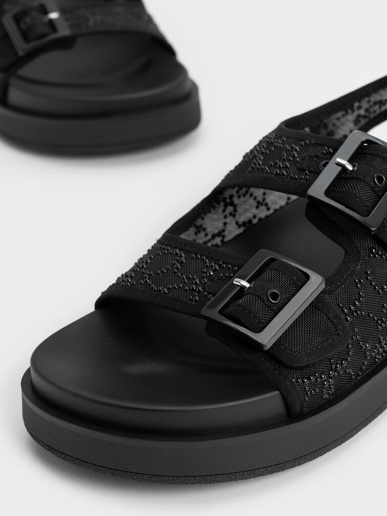 Beaded Mesh Flatform Sandals, Black, hi-res