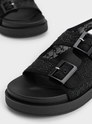 Beaded Mesh Flatform Sandals, Black, hi-res