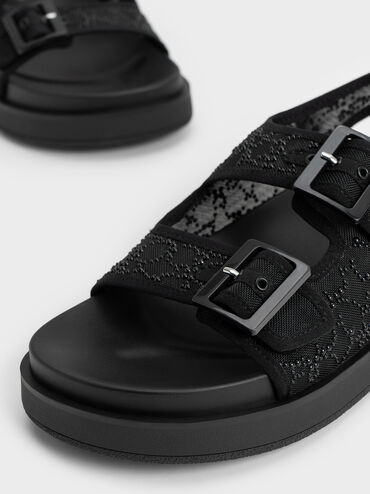 Beaded Mesh Flatform Sandals, Black, hi-res