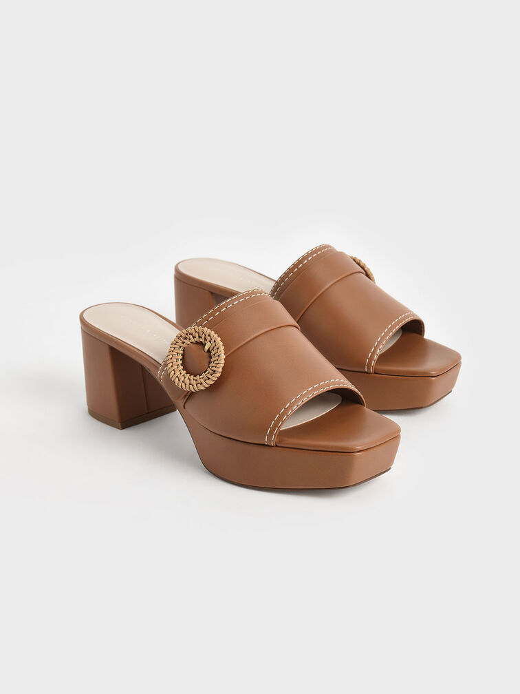 Woven Buckle Platform Mules, Caramel, hi-res