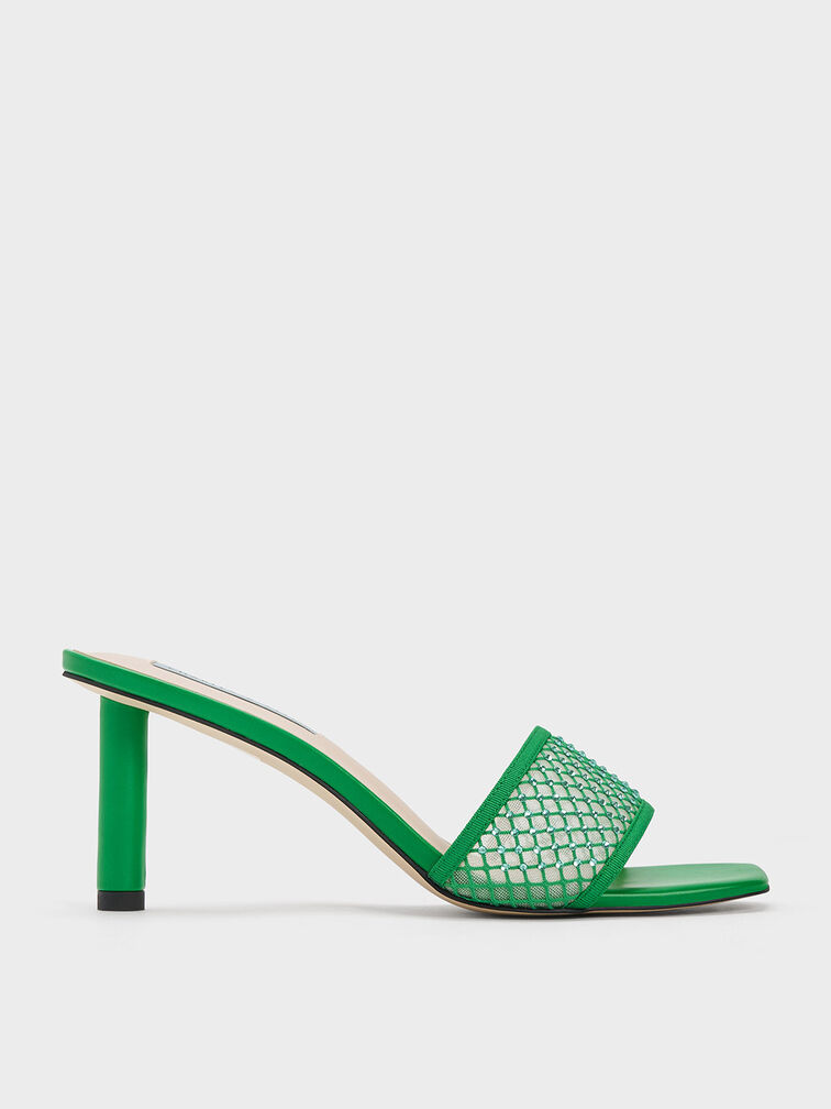 Gem-Encrusted Cylindrical Heel Mesh Sandals, Green, hi-res