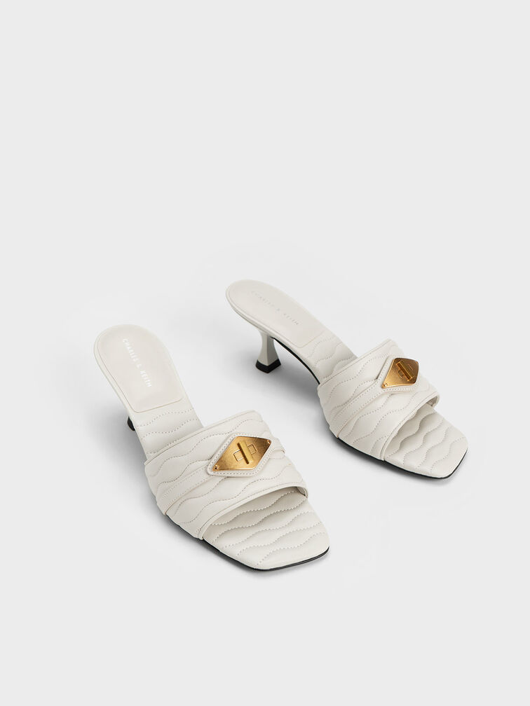 Metallic Accent Padded Heeled Mules, Chalk, hi-res