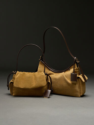 Khai Recycled Suede Ruched-Flap Side-Pocket Top Handle Bag, Sahara Sand, hi-res