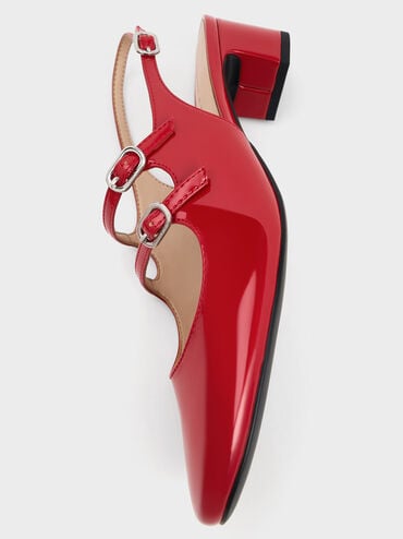 Double-Strap Slingback Mary Jane Pumps, Red, hi-res