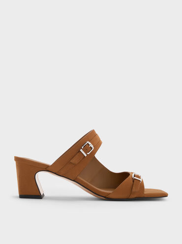 Faux Suede Buckled Double-Strap Heeled Mules, Cognac, hi-res
