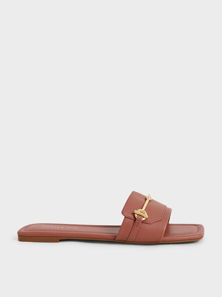 Metallic Accent Slide Sandals, Cognac, hi-res