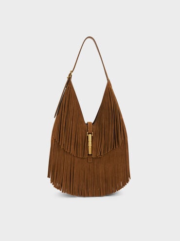 Cesia Recycled Suede Fringed Hobo Bag, Sienna Brown, hi-res