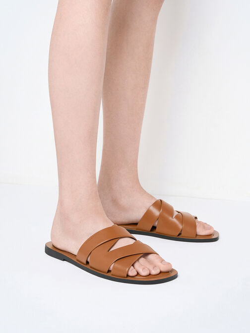 Strappy Crossover Slide Sandals, Cognac, hi-res
