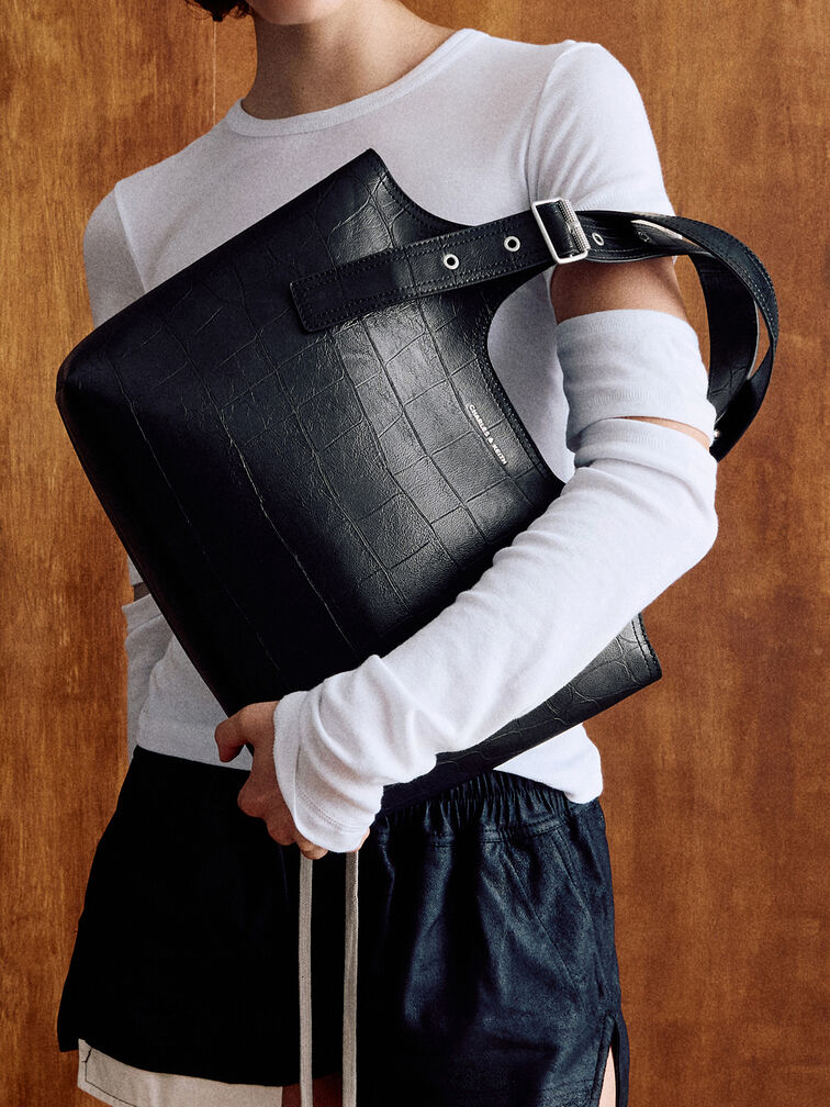 Liv Croc-Effect Tote Bag, Noir, hi-res