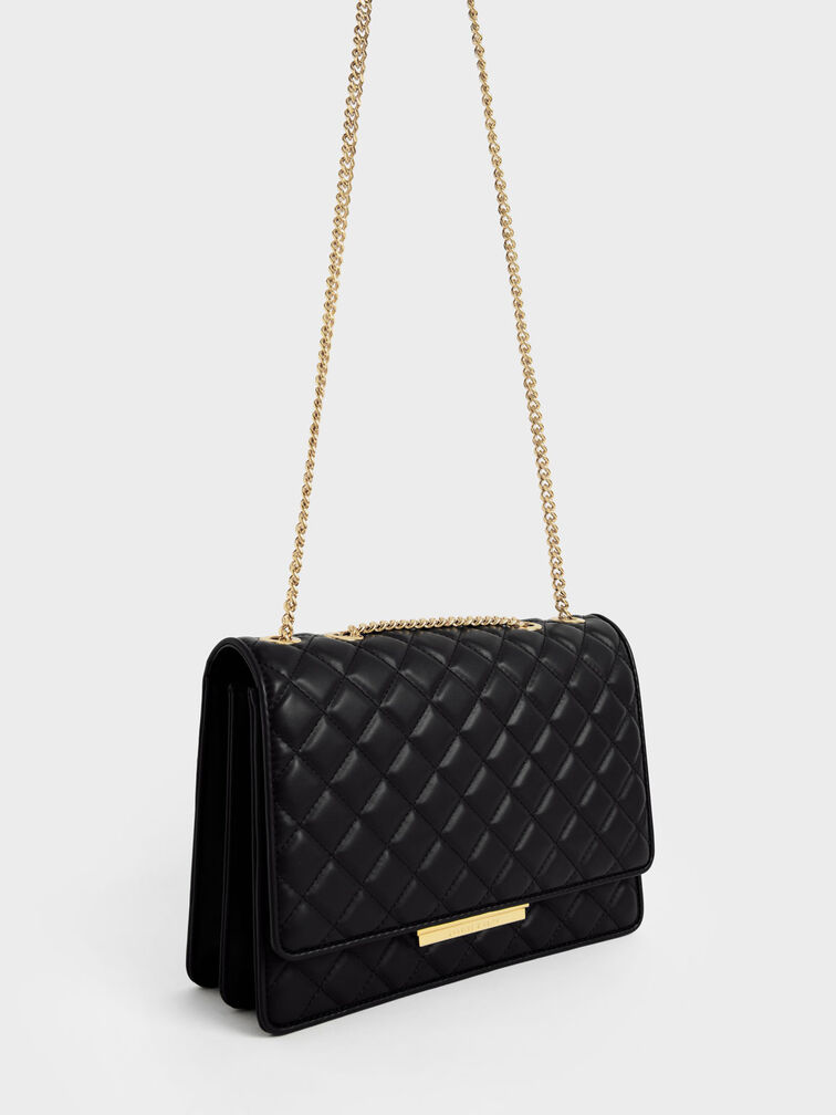 Double Chain Handle Quilted Bag, Black, hi-res
