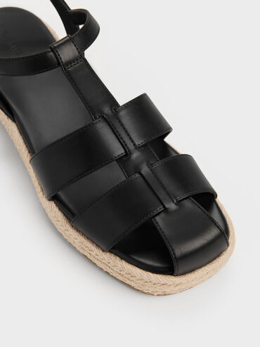 Caged Flatform Espadrille Sandals, Black, hi-res