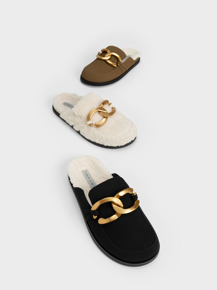 Metallic Accent Furry Loafer Mules, Chalk, hi-res