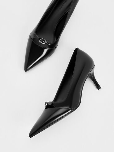 Buckle-Strap Pointed-Toe Pumps, Black Box, hi-res