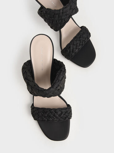 Double Strap Woven Heeled Mules, Black, hi-res