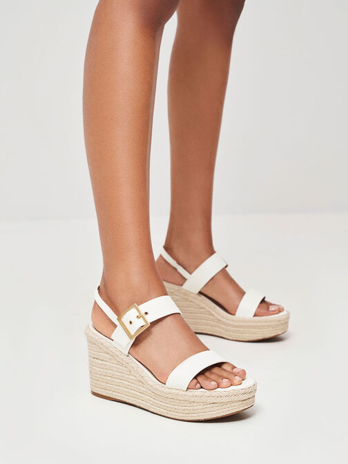 Buckled Espadrille Wedges, White, hi-res