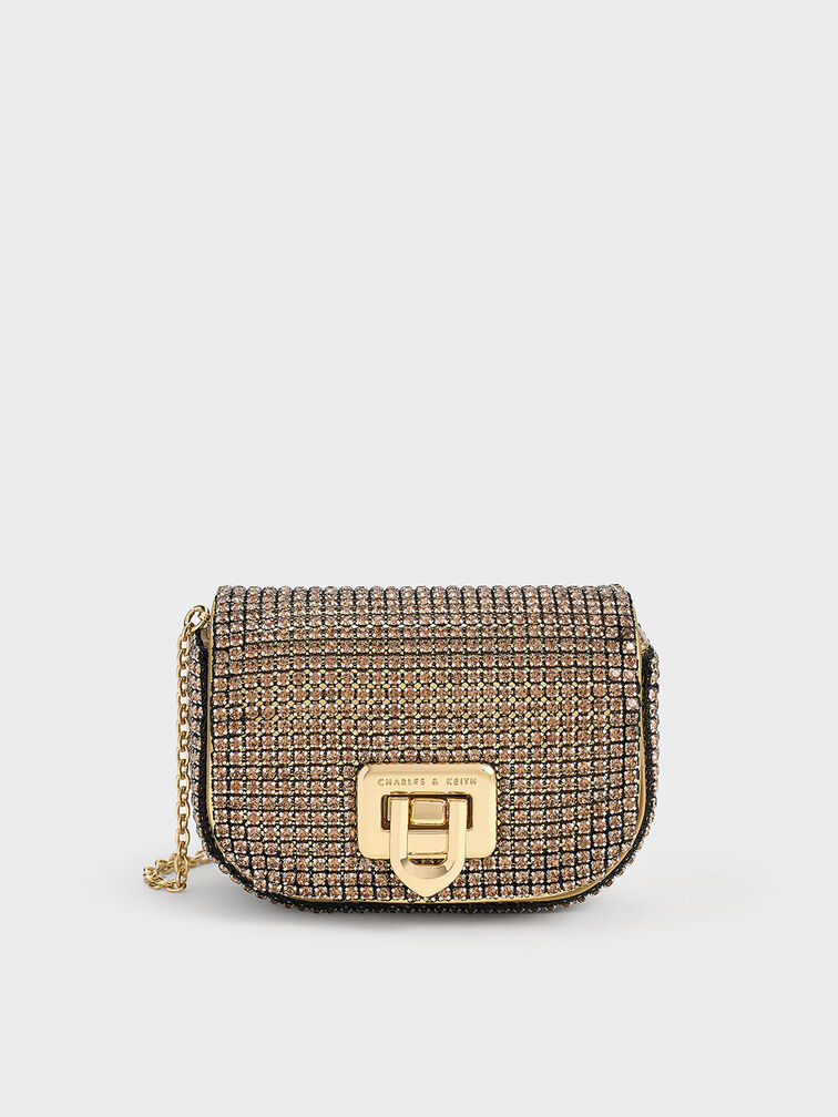 Crystal-Embellished Turn-Lock Mini Bag, Gold, hi-res